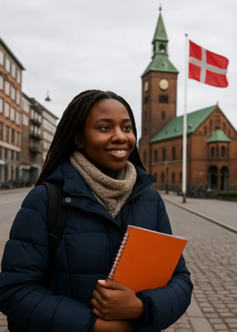 African student standing near a Danish university building in winter, symbolizing study abroad experience and cultural transition.